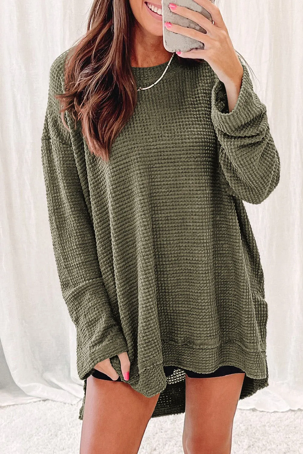 Black Waffle Knit High Slits Oversized Top