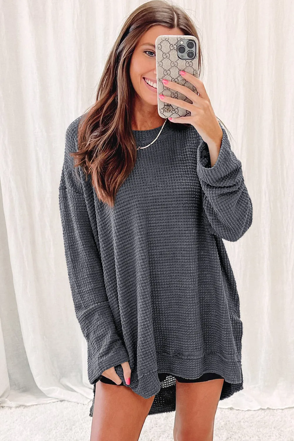 Black Waffle Knit High Slits Oversized Top