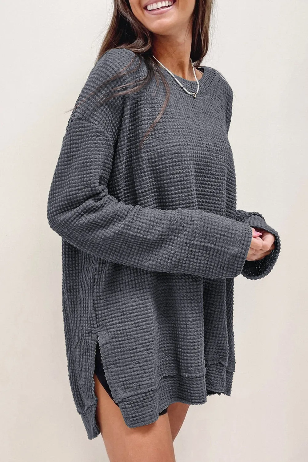 Black Waffle Knit High Slits Oversized Top