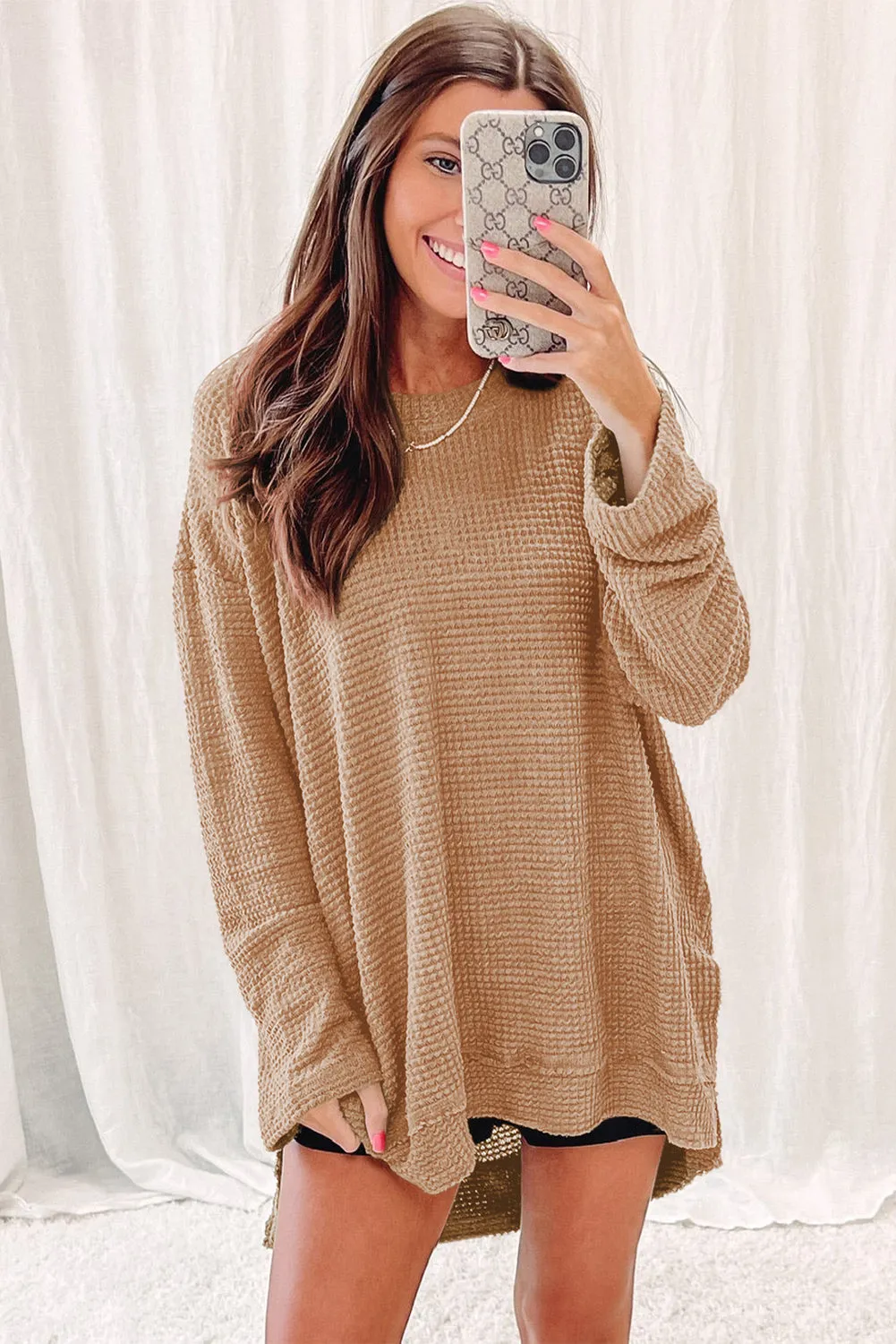 Black Waffle Knit High Slits Oversized Top