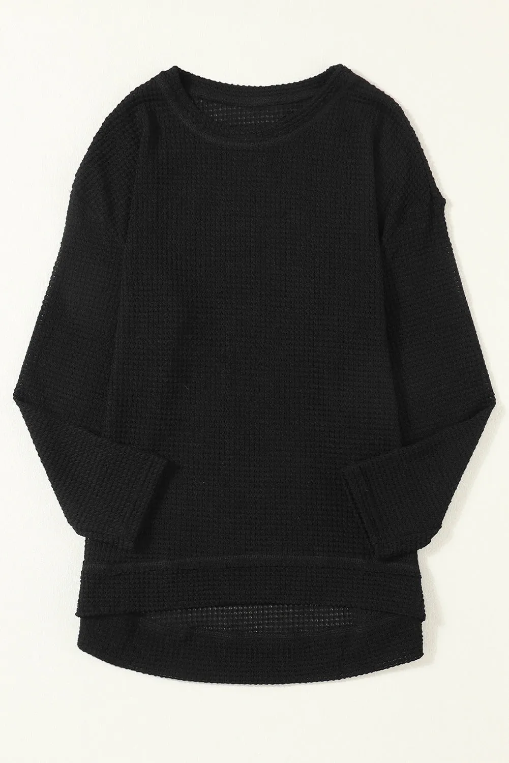 Black Waffle Knit High Slits Oversized Top