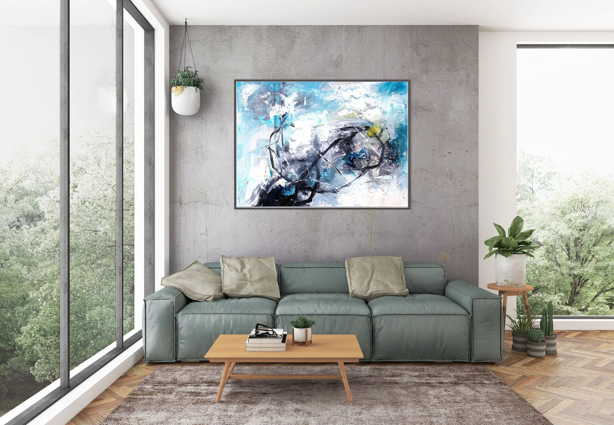 Black White Blue Abstract Painting Modern Wall Decor Kp055