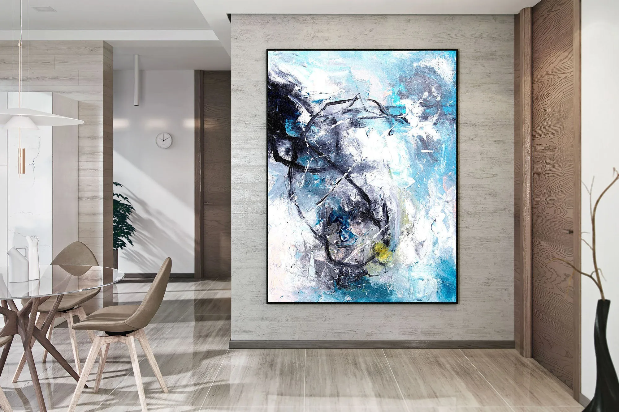 Black White Blue Abstract Painting Modern Wall Decor Kp055