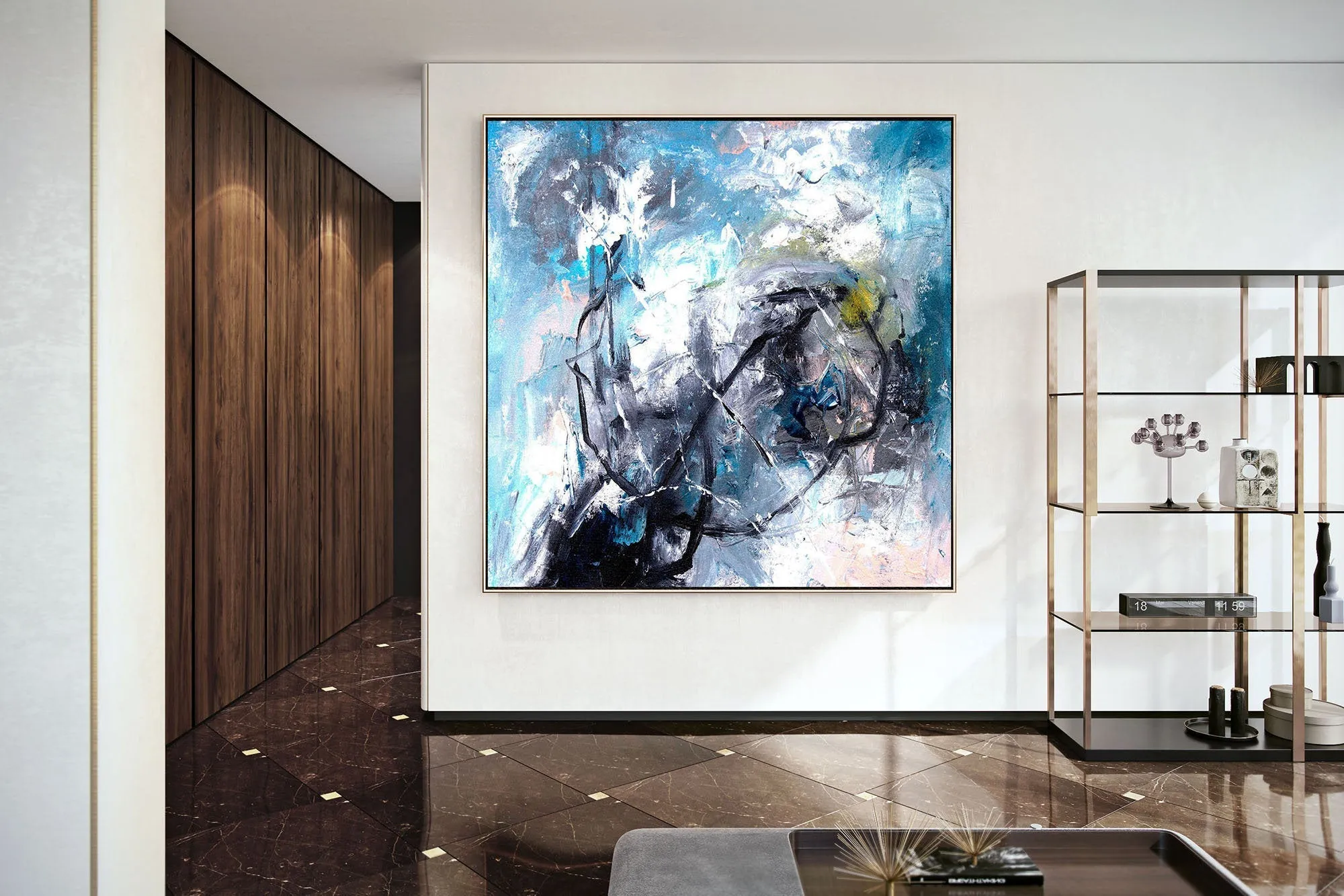 Black White Blue Abstract Painting Modern Wall Decor Kp055