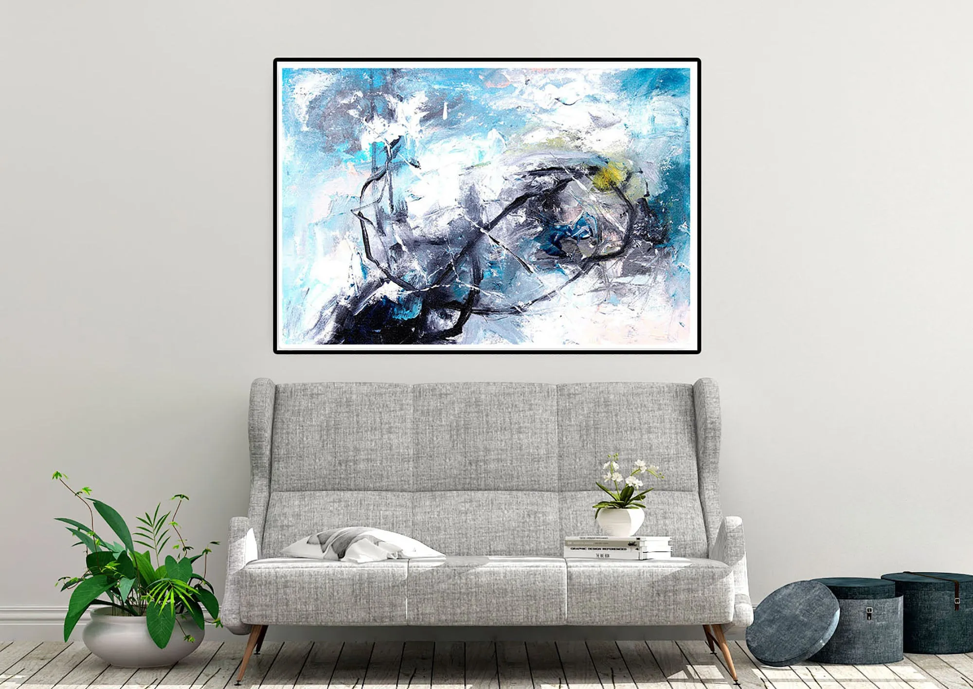 Black White Blue Abstract Painting Modern Wall Decor Kp055