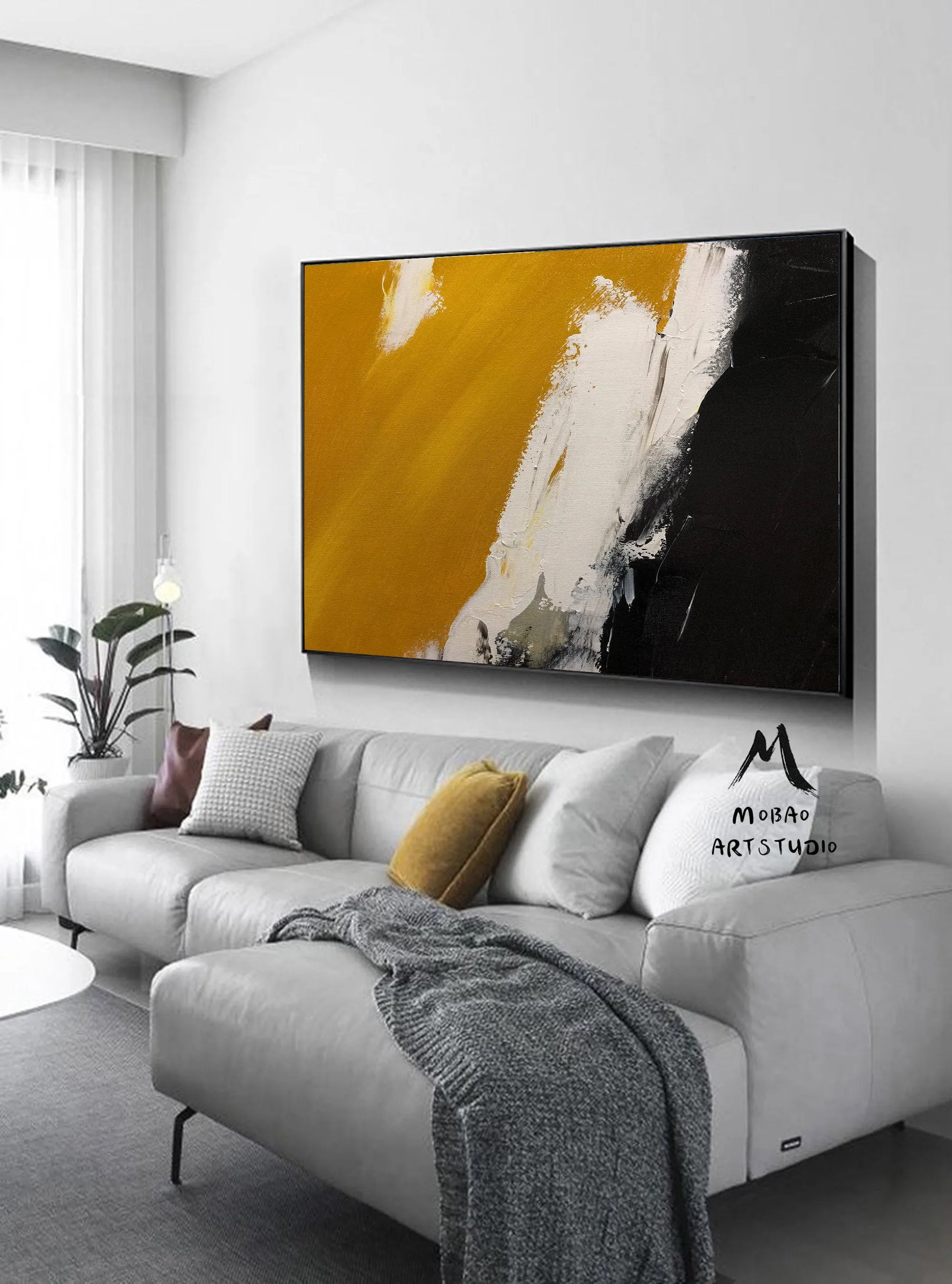 Black Yellow White Abstract Painting Modern Living Room Art Gp026