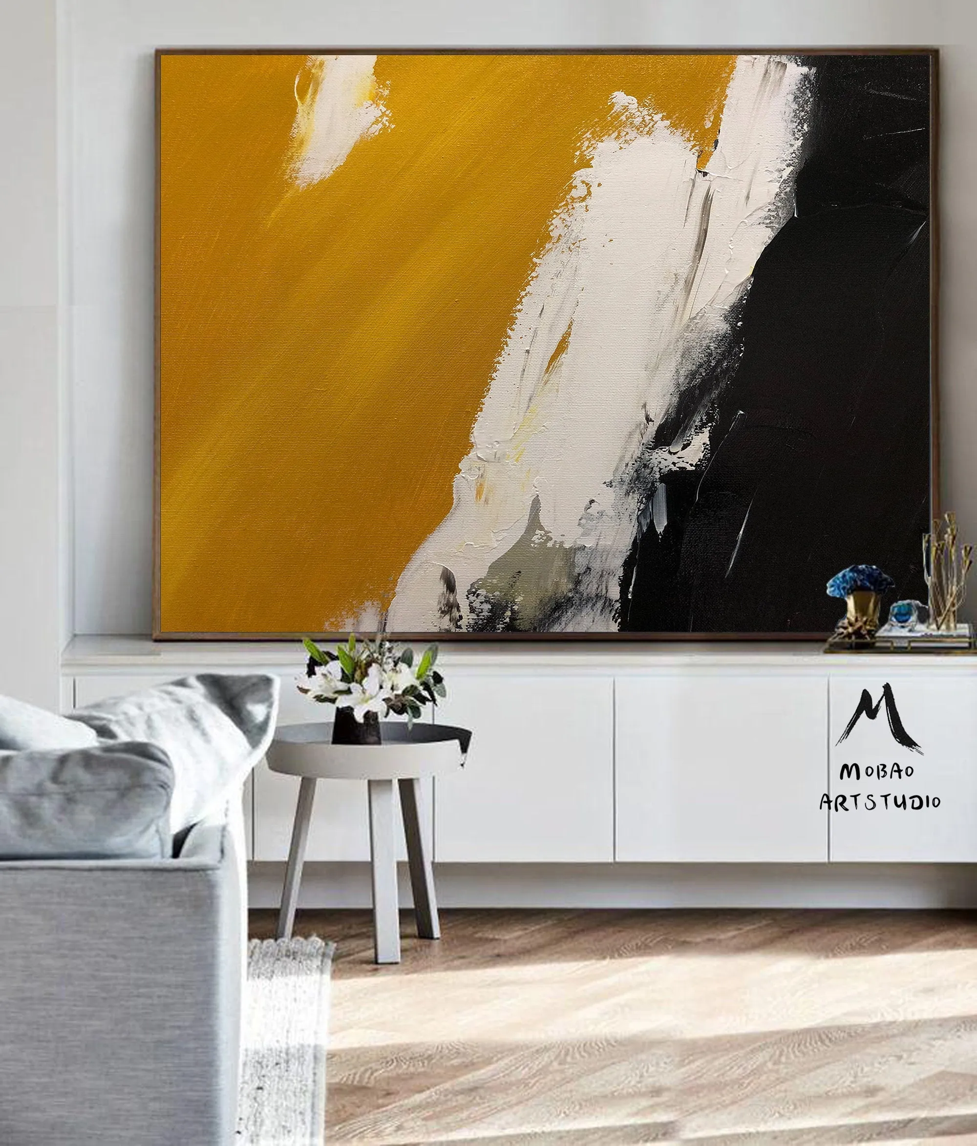 Black Yellow White Abstract Painting Modern Living Room Art Gp026