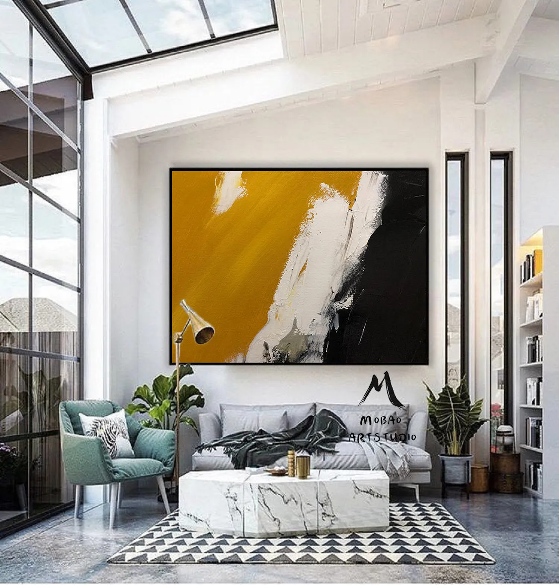 Black Yellow White Abstract Painting Modern Living Room Art Gp026