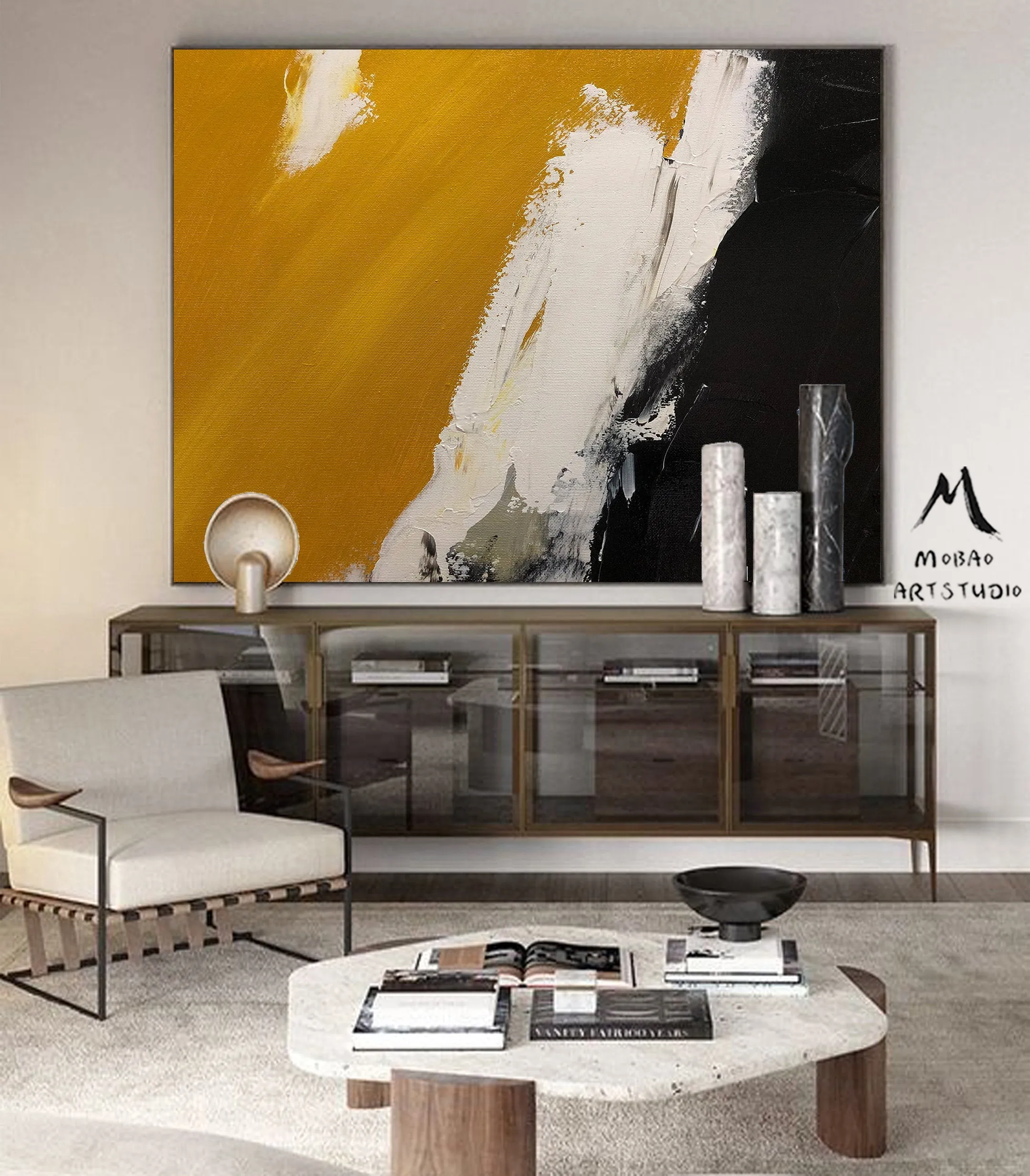 Black Yellow White Abstract Painting Modern Living Room Art Gp026