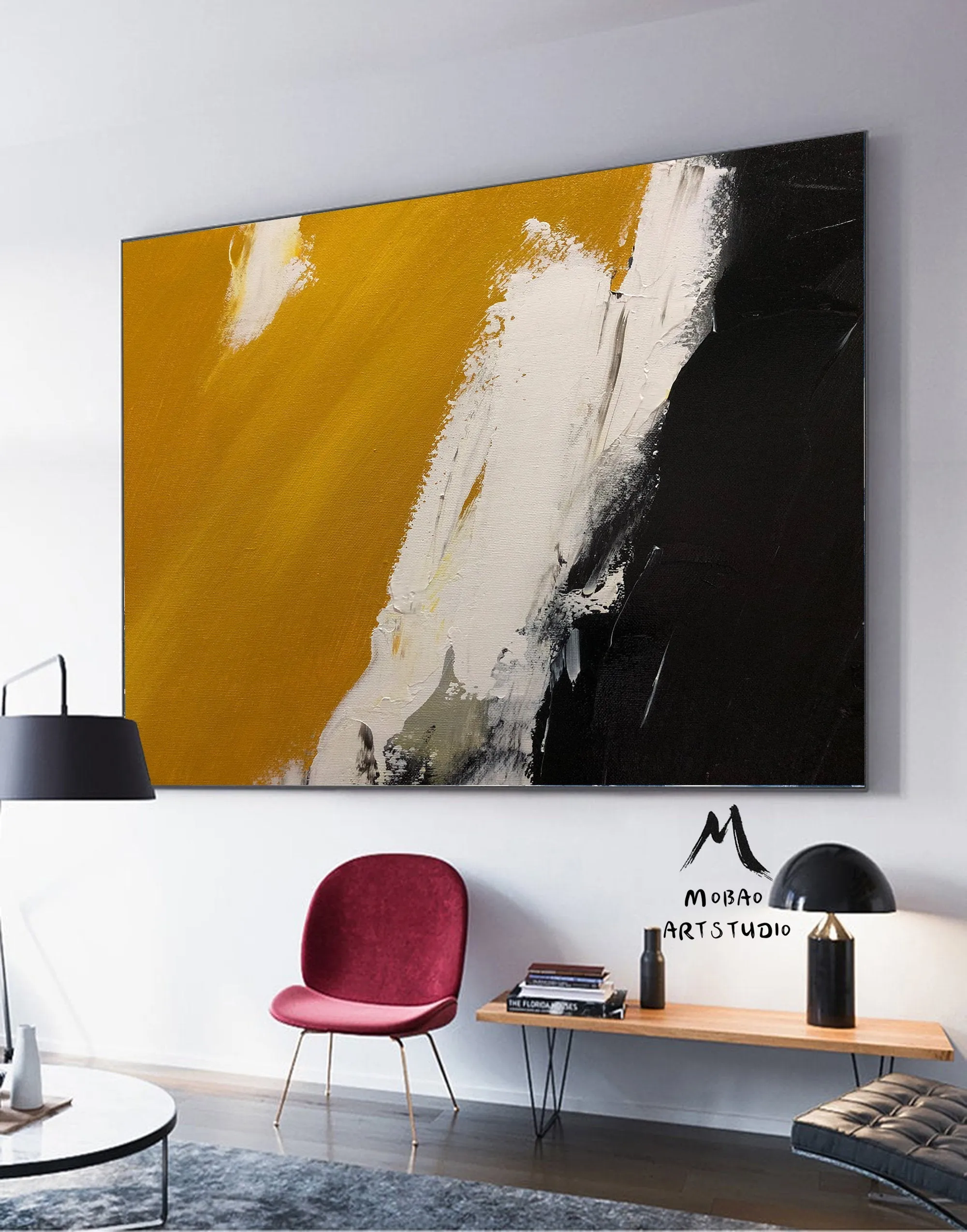 Black Yellow White Abstract Painting Modern Living Room Art Gp026