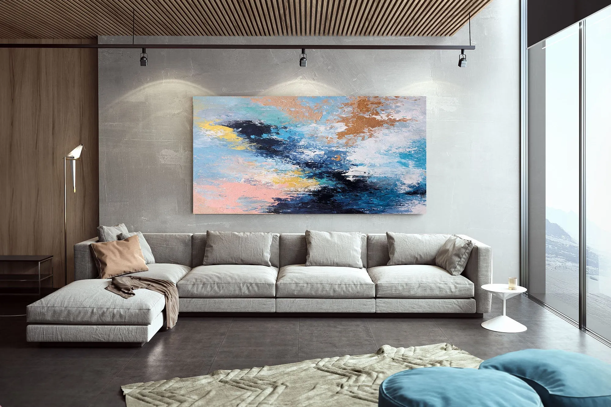 Blue Pink And White Abstract Painting Huge Art Qp020