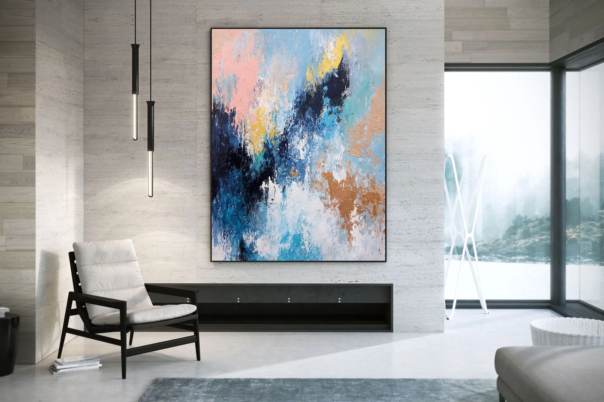 Blue Pink And White Abstract Painting Huge Art Qp020