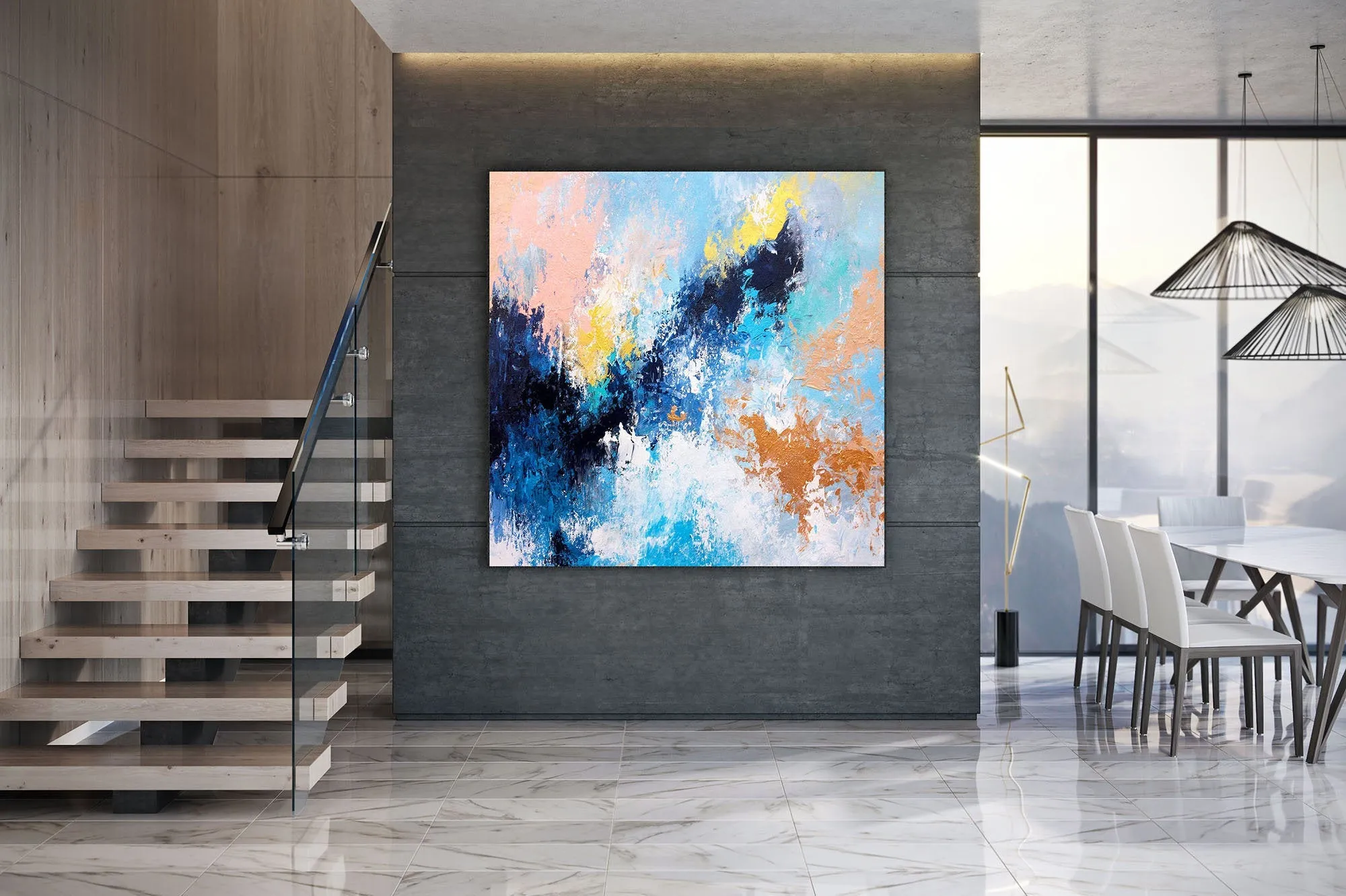 Blue Pink And White Abstract Painting Huge Art Qp020