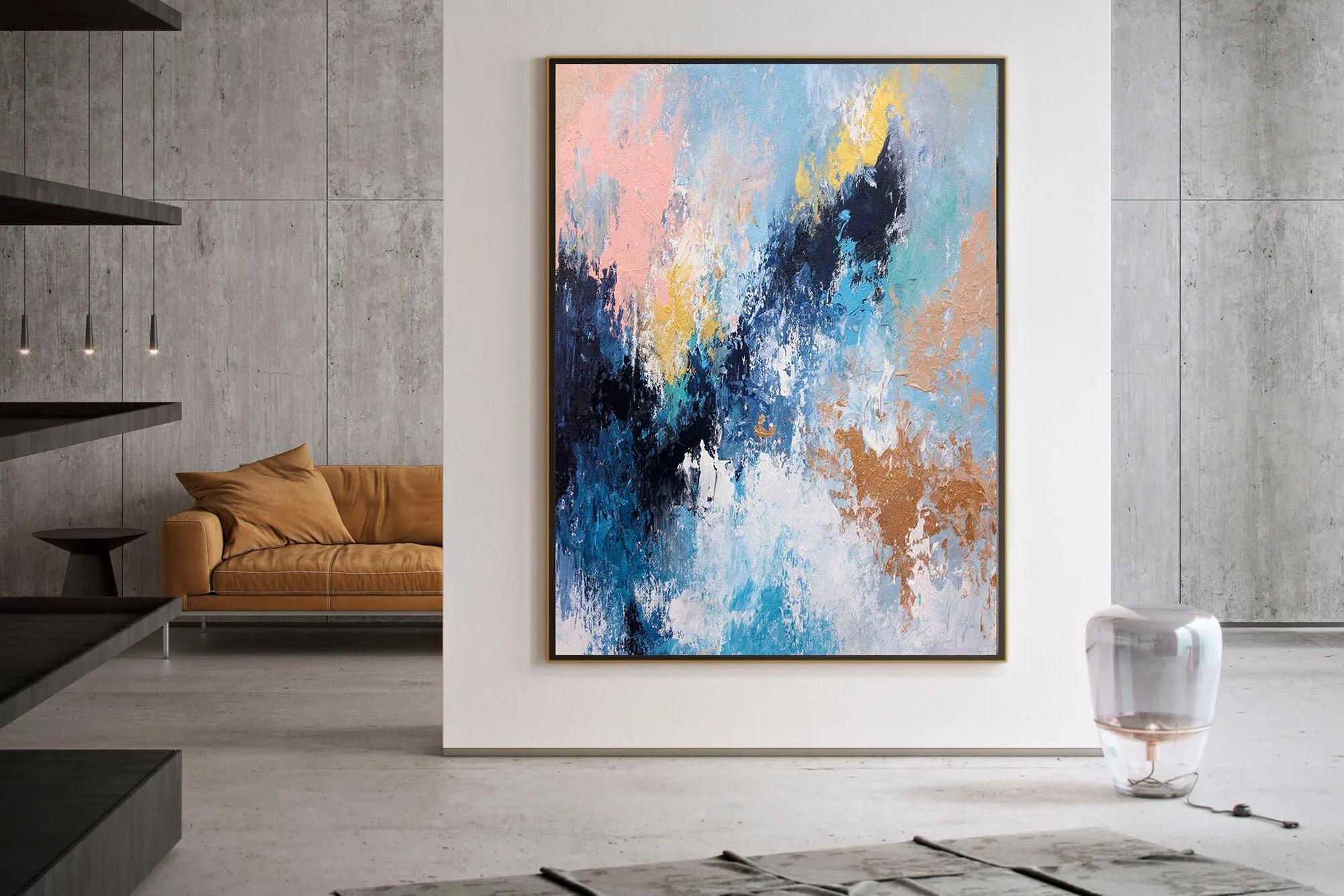 Blue Pink And White Abstract Painting Huge Art Qp020