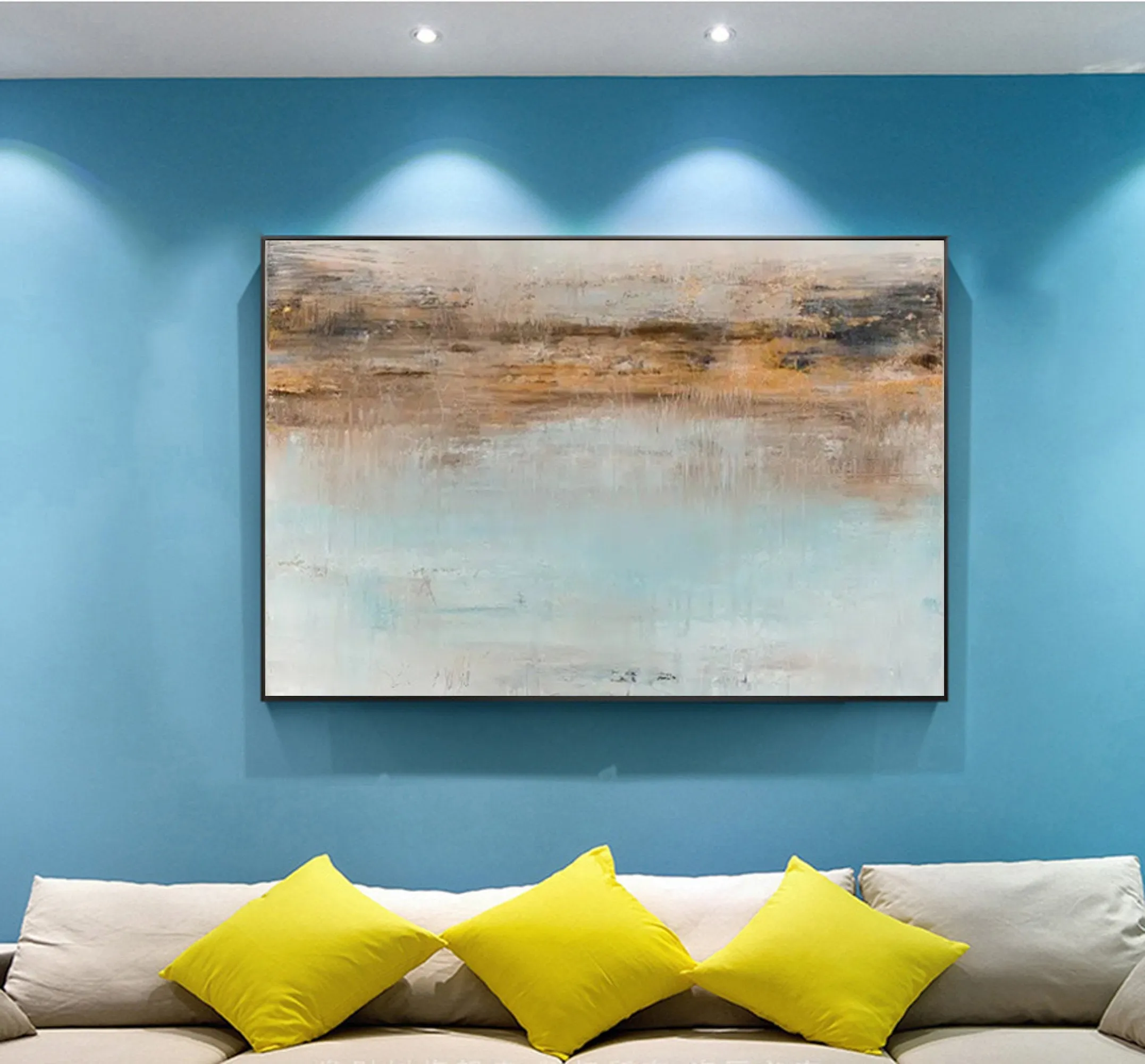 Blue Seascape Painting Yellow Painting Teal Ocean Art Op095