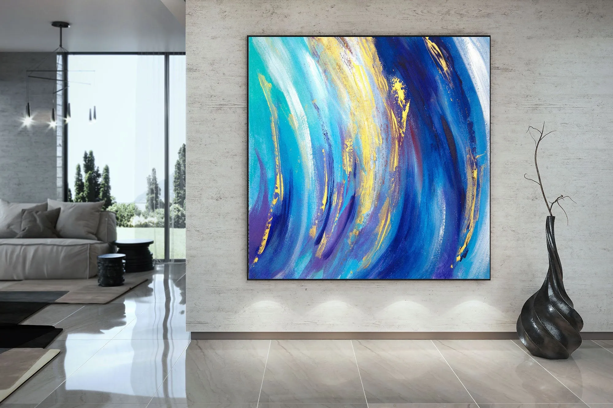 Blue White Gold Abstract Painting for Home Texture Art Kp073