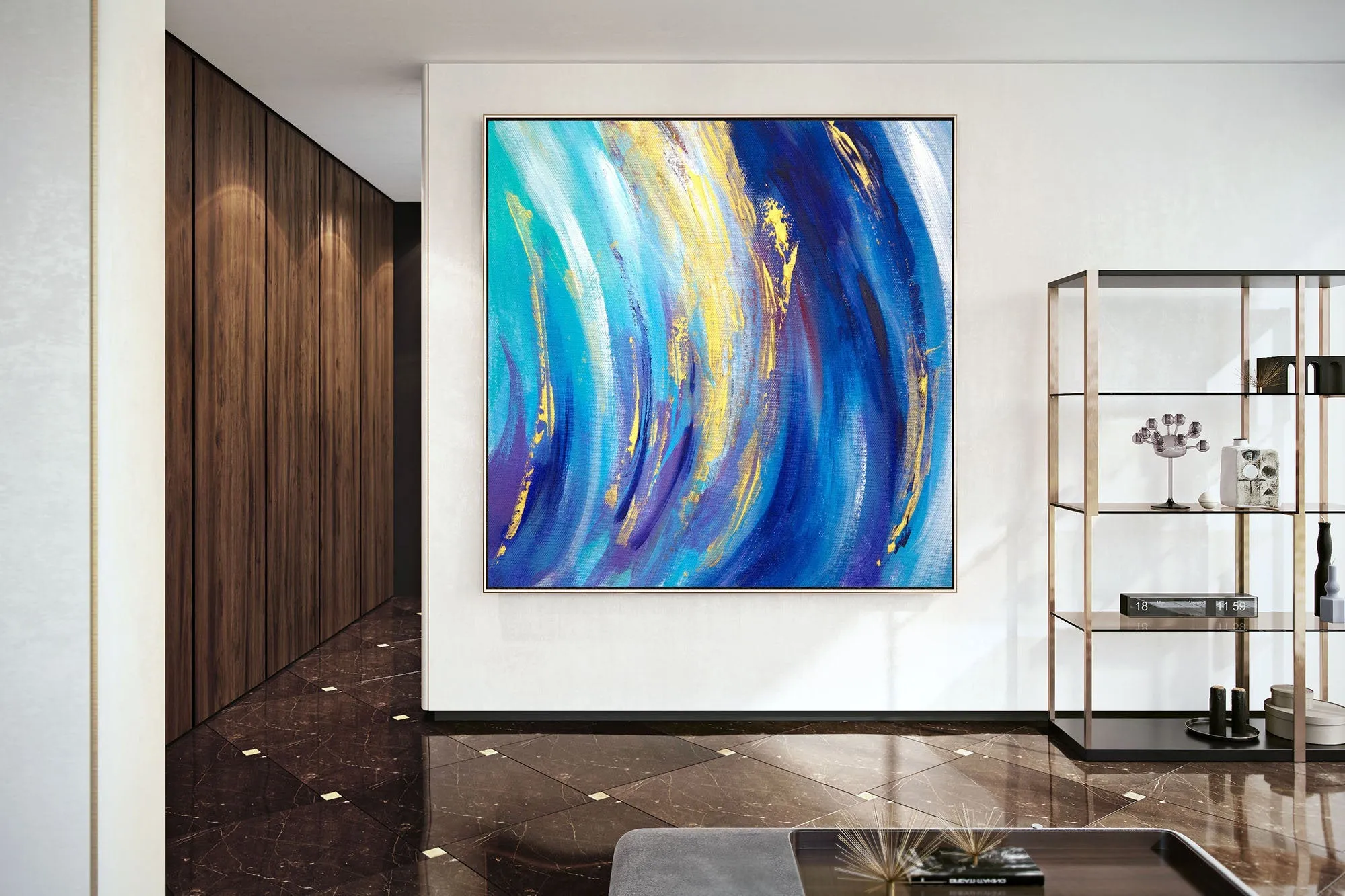 Blue White Gold Abstract Painting for Home Texture Art Kp073