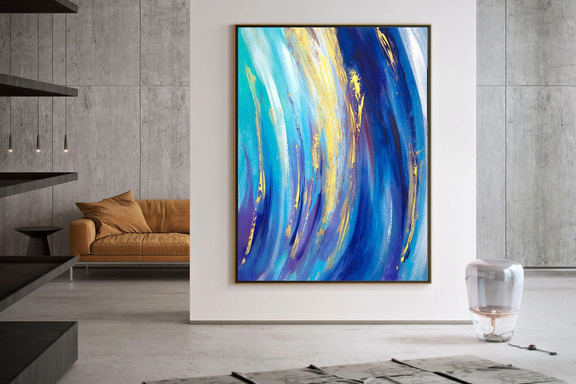 Blue White Gold Abstract Painting for Home Texture Art Kp073