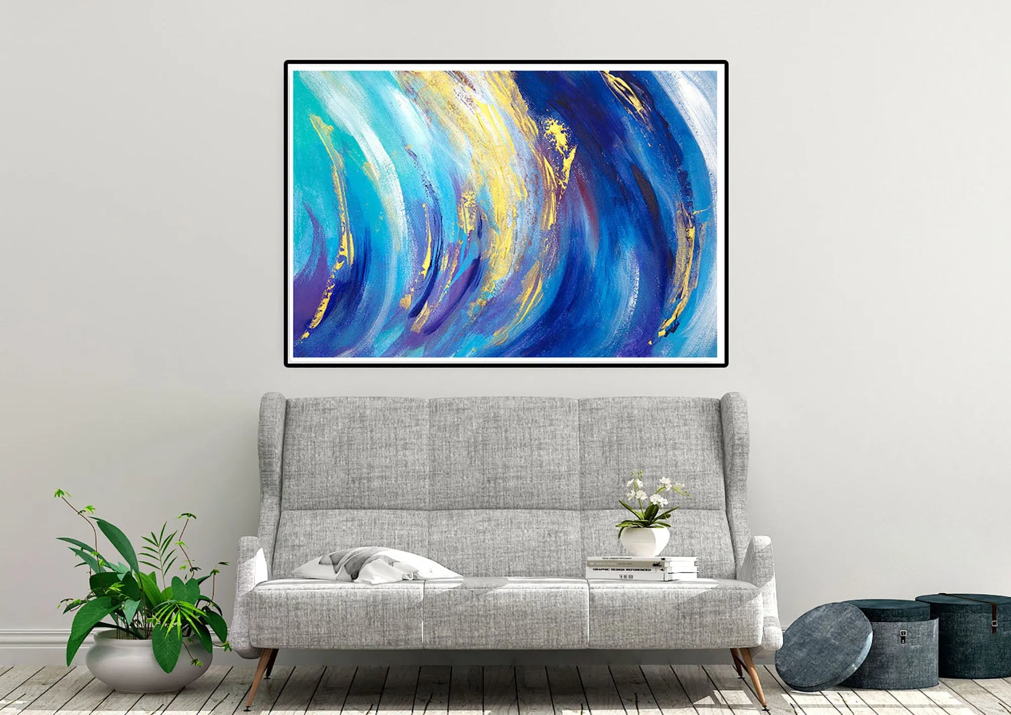 Blue White Gold Abstract Painting for Home Texture Art Kp073