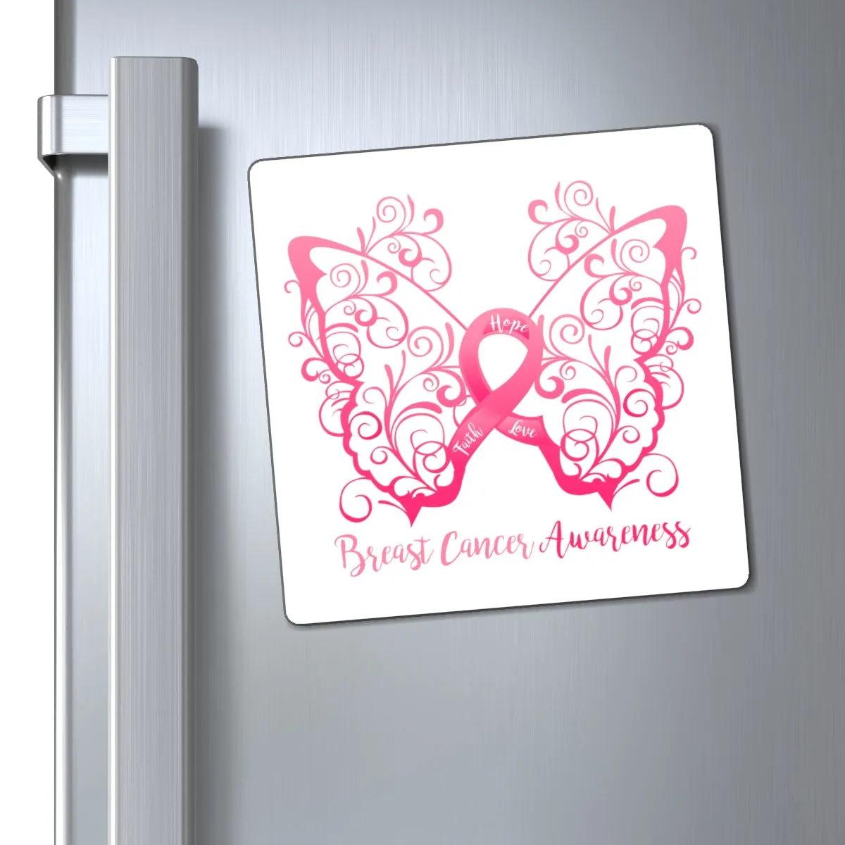 Breast Cancer Awareness Filigree Butterfly Magnet (White Background) (3 Sizes Available)