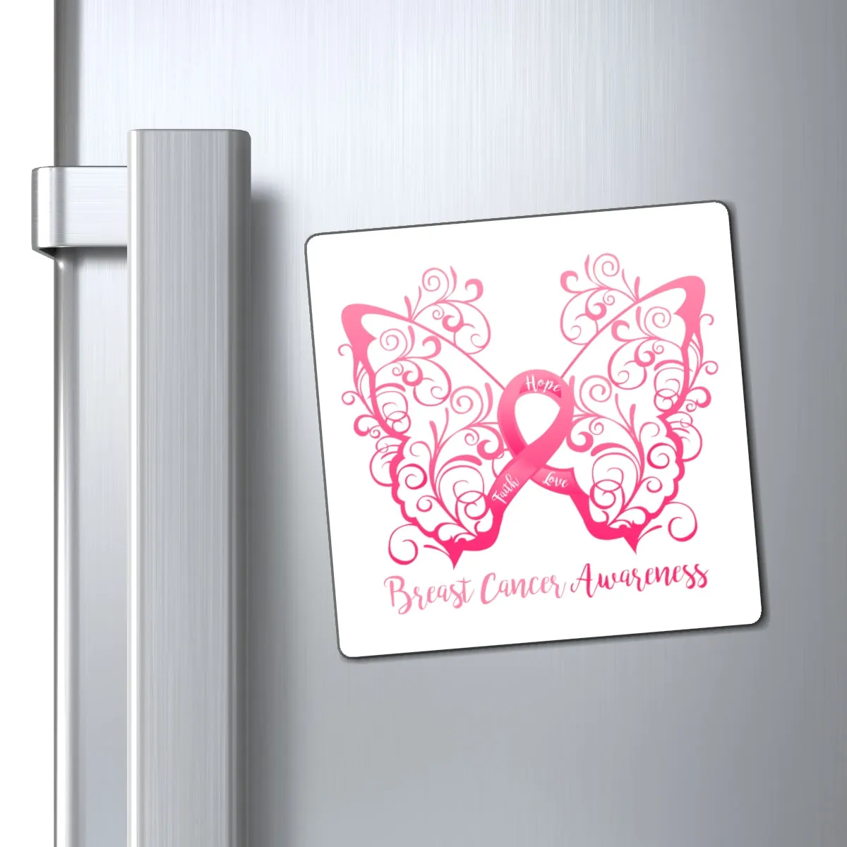 Breast Cancer Awareness Filigree Butterfly Magnet (White Background) (3 Sizes Available)