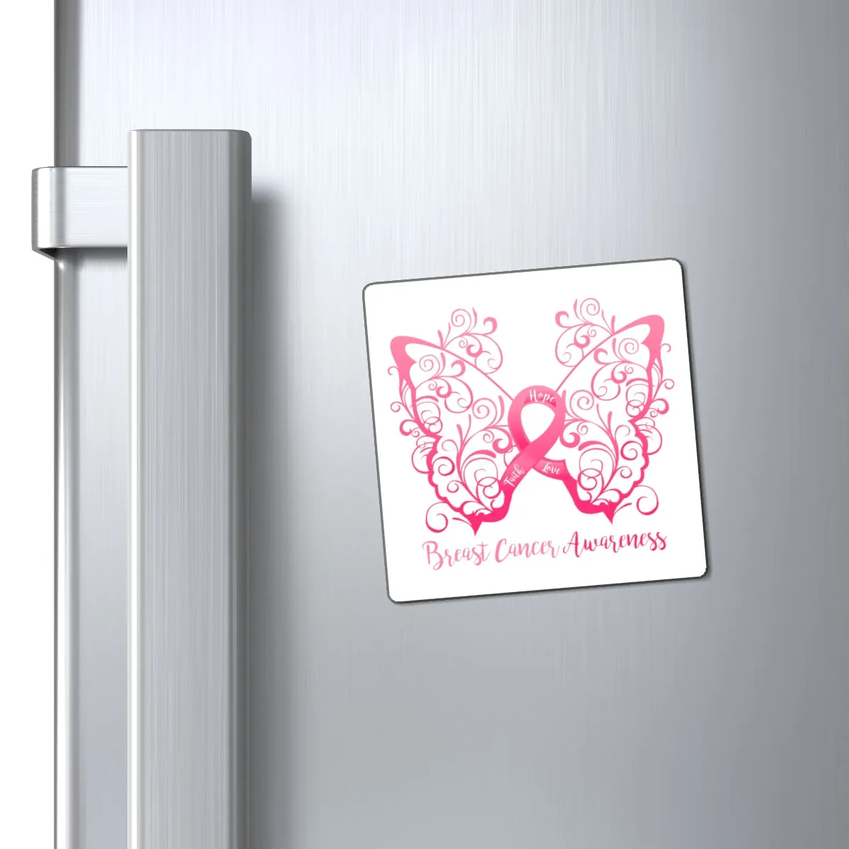 Breast Cancer Awareness Filigree Butterfly Magnet (White Background) (3 Sizes Available)