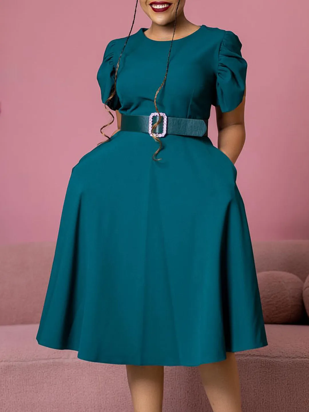 Crew Neck Solid Color Midi Dress