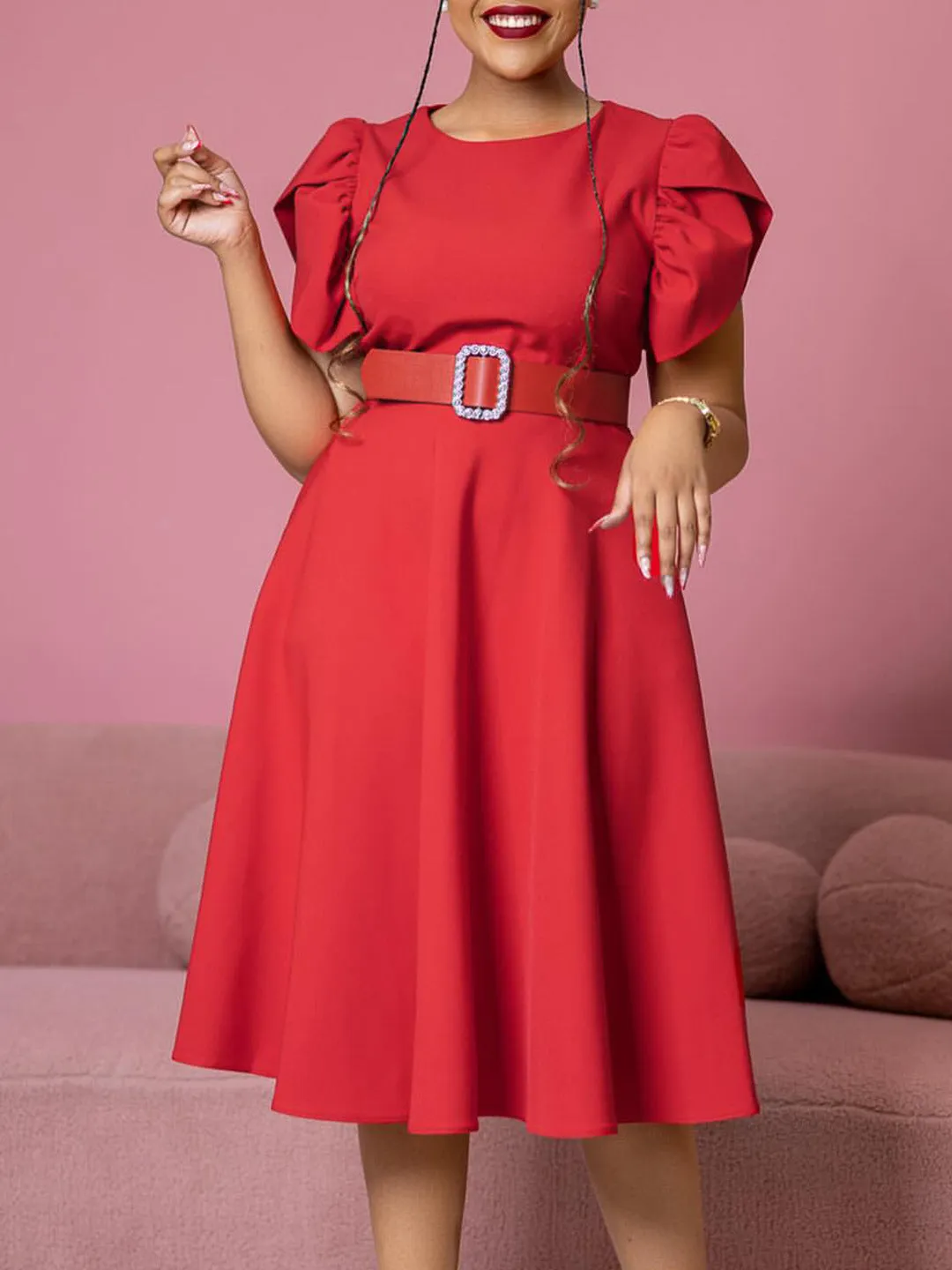 Crew Neck Solid Color Midi Dress