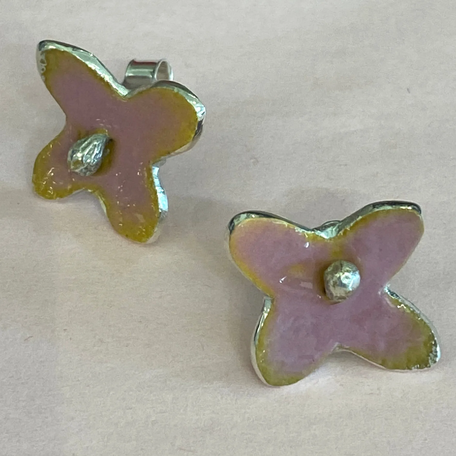 Enamel & silver flower studs