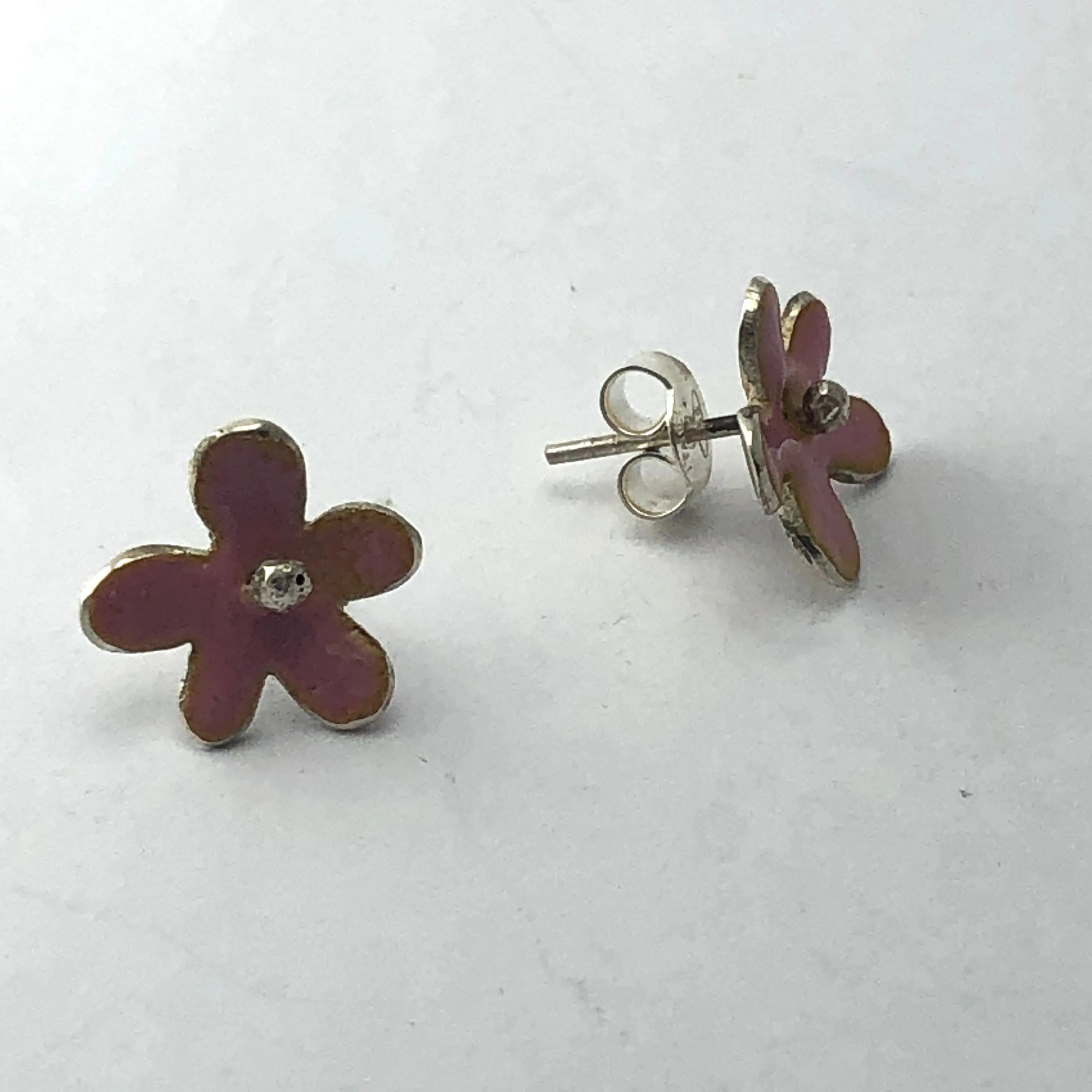 Enamel & silver flower studs