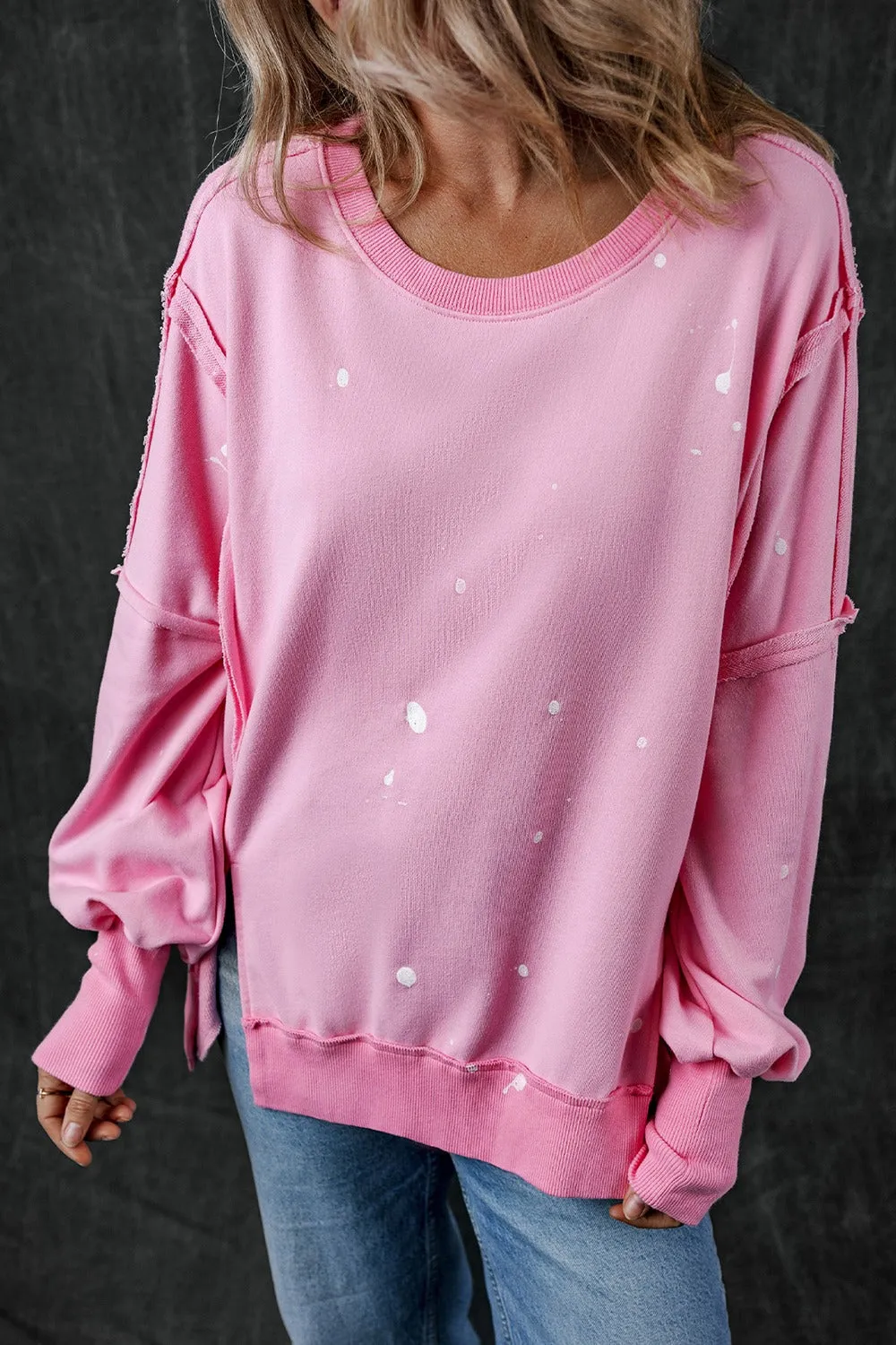 Exposed Seam Round Neck Long Sleeve Sweatshirt