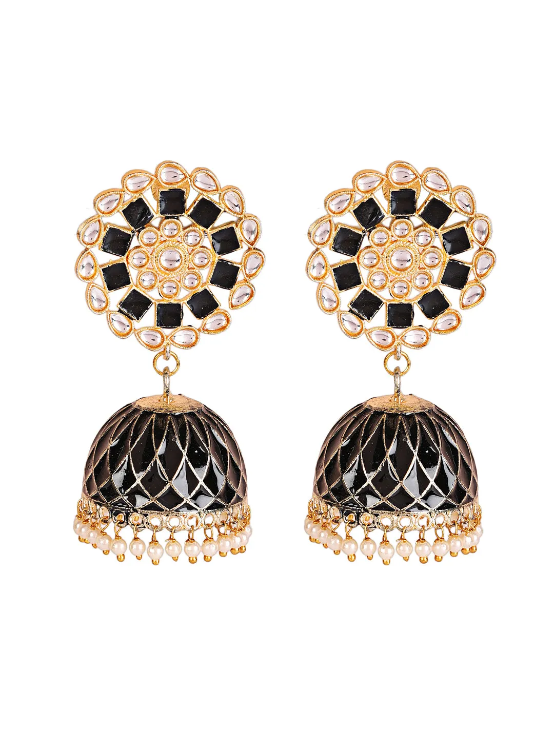 Gold Plated & Black Hand Painted Floral Shaped Jhumka Earrings