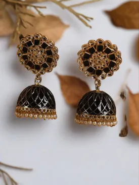 Gold Plated & Black Hand Painted Floral Shaped Jhumka Earrings