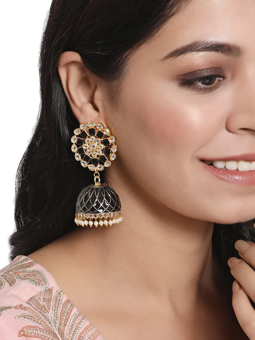 Gold Plated & Black Hand Painted Floral Shaped Jhumka Earrings