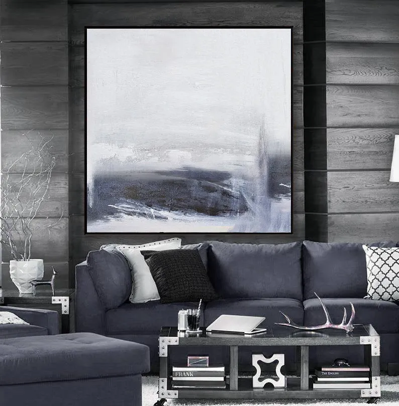 Gray Abstract Sky Painting Abstract Sea Painting Black White Art Qp082