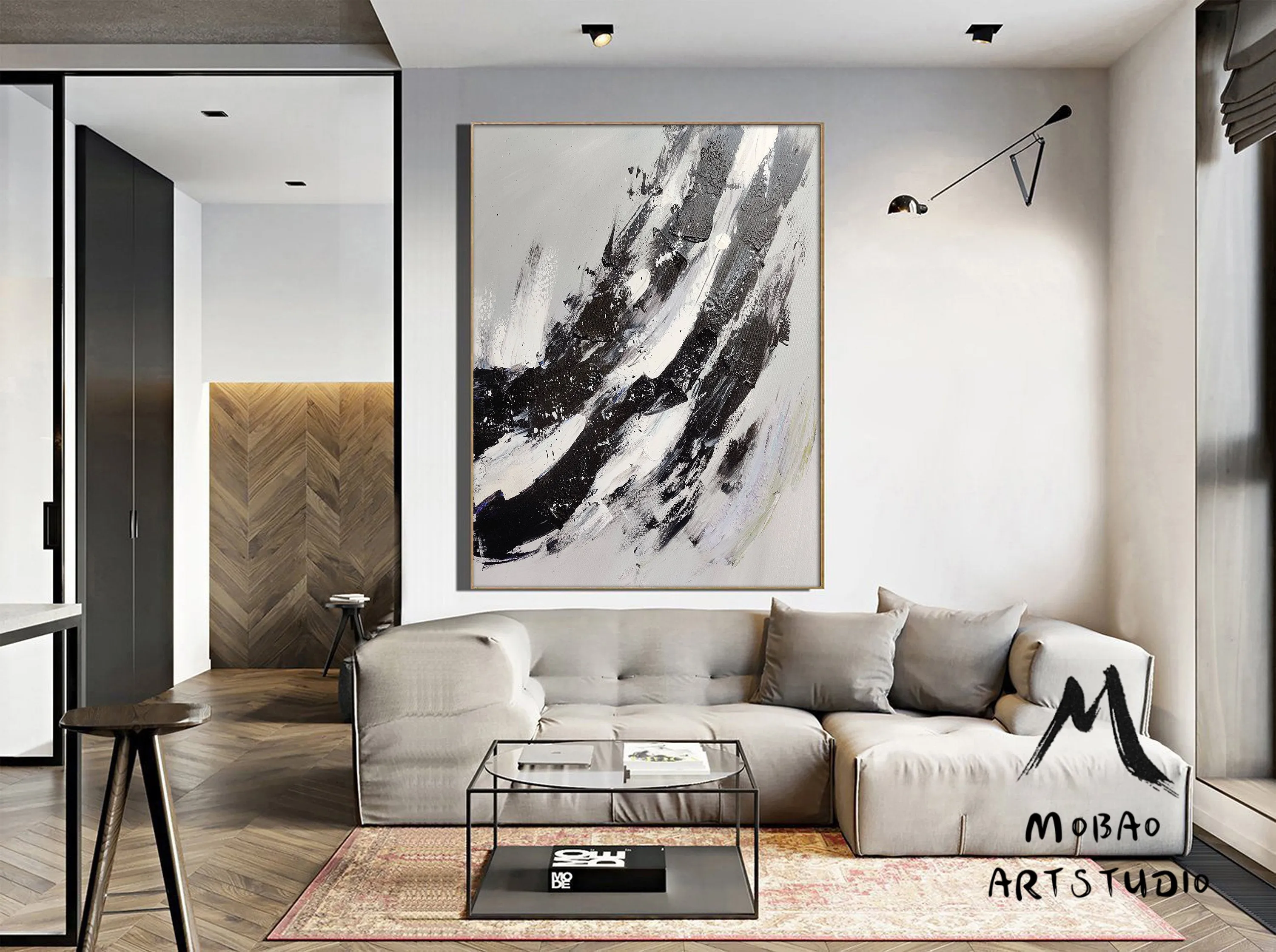 Gray White Painting Black Painting,Oversized Black and White Art BL017