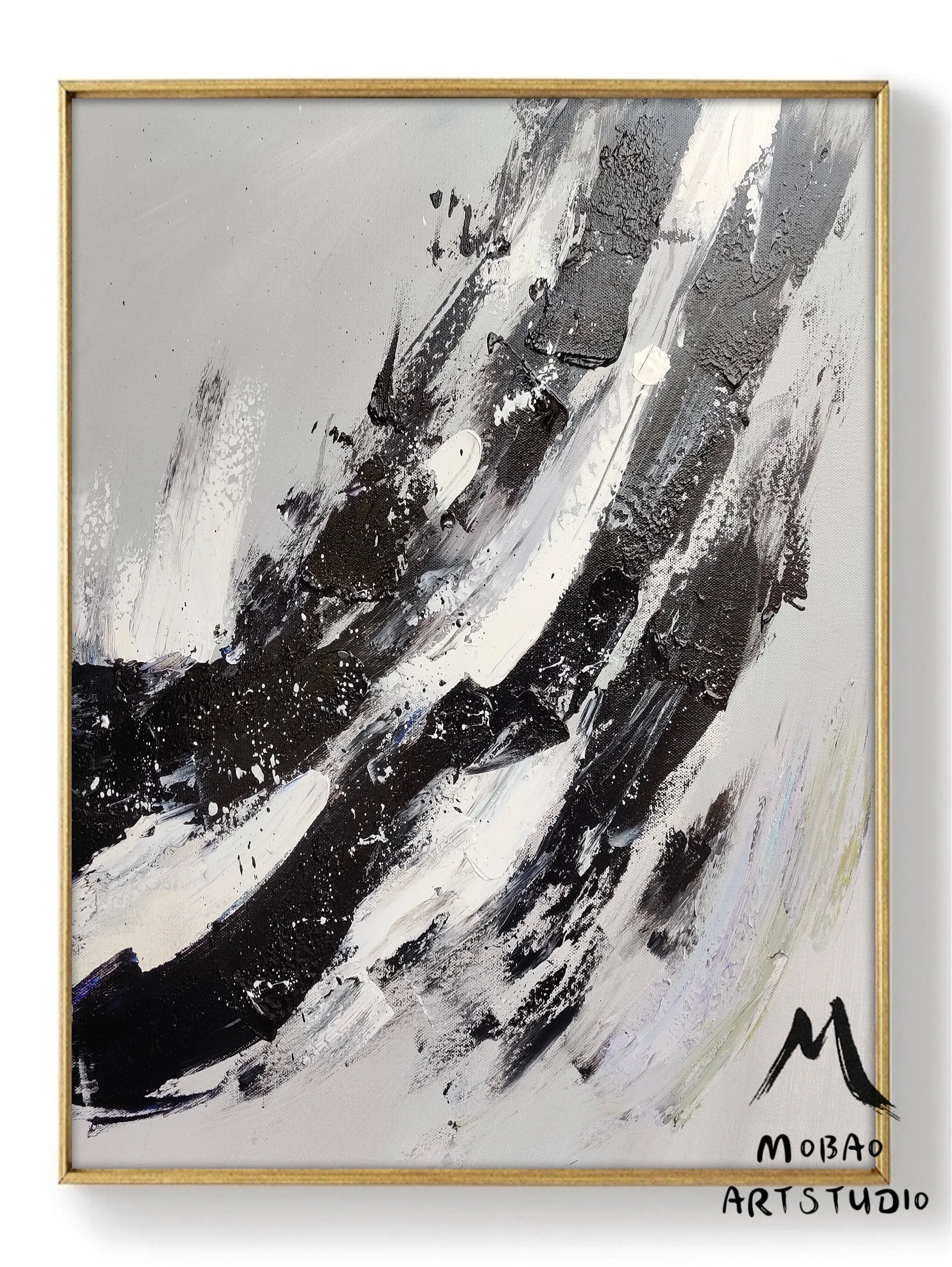 Gray White Painting Black Painting,Oversized Black and White Art BL017