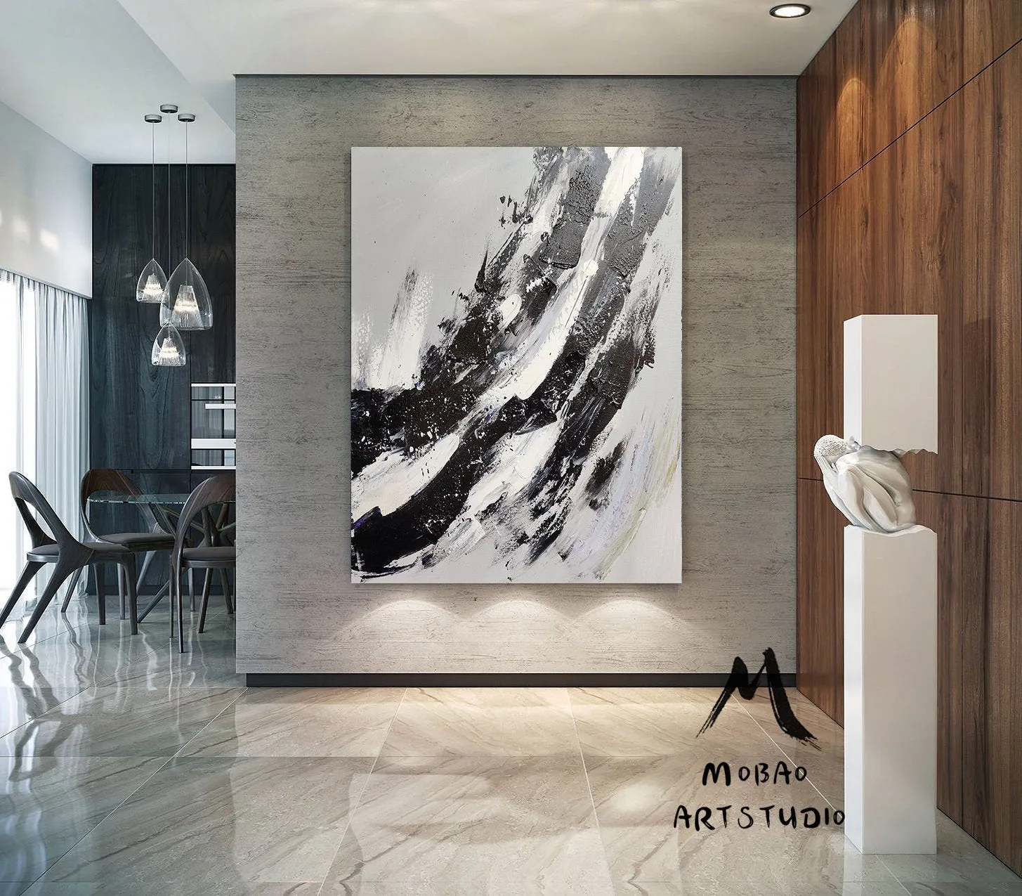 Gray White Painting Black Painting,Oversized Black and White Art BL017