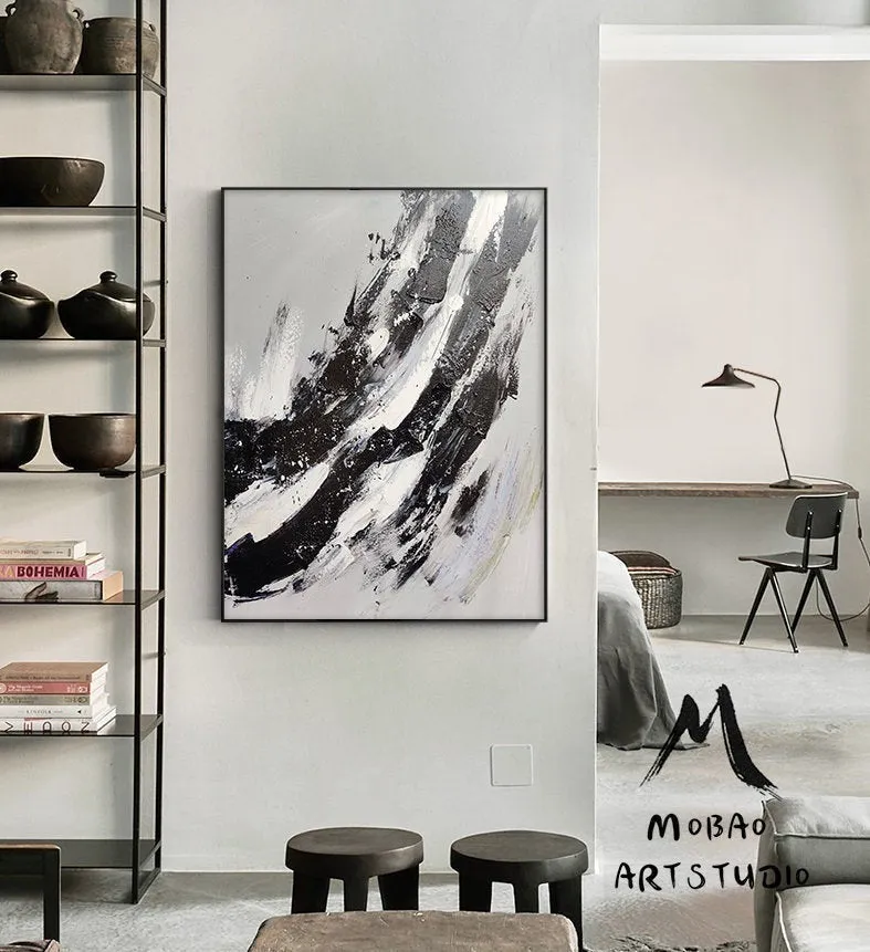 Gray White Painting Black Painting,Oversized Black and White Art BL017