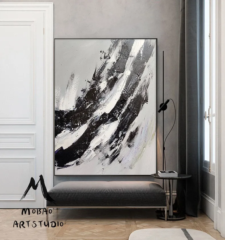 Gray White Painting Black Painting,Oversized Black and White Art BL017