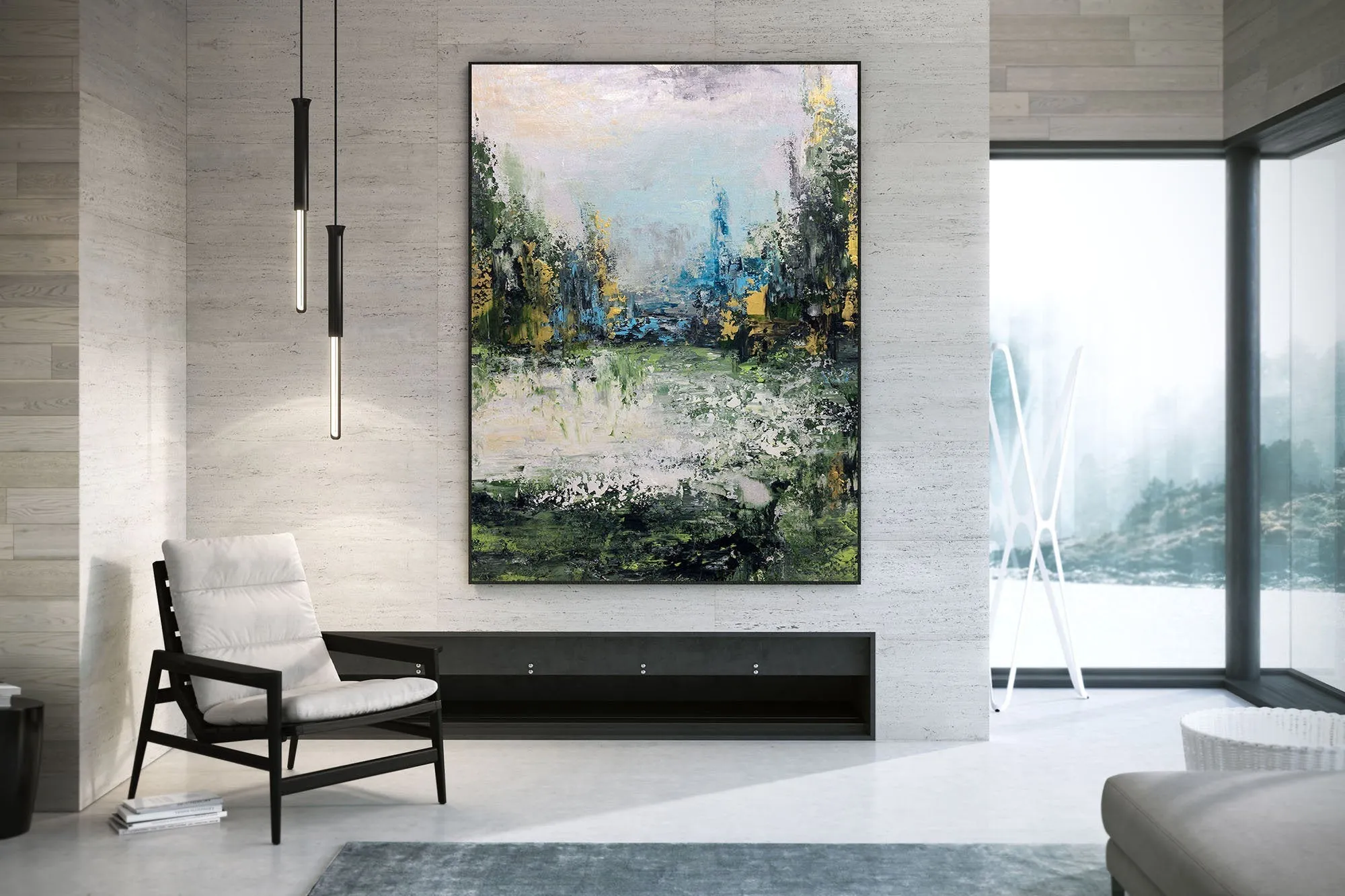 Green Blue Yellow Abstract Painting Landscape Canvas Art Fp052