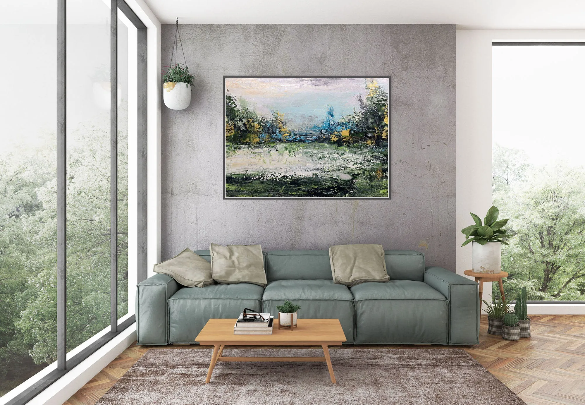 Green Blue Yellow Abstract Painting Landscape Canvas Art Fp052