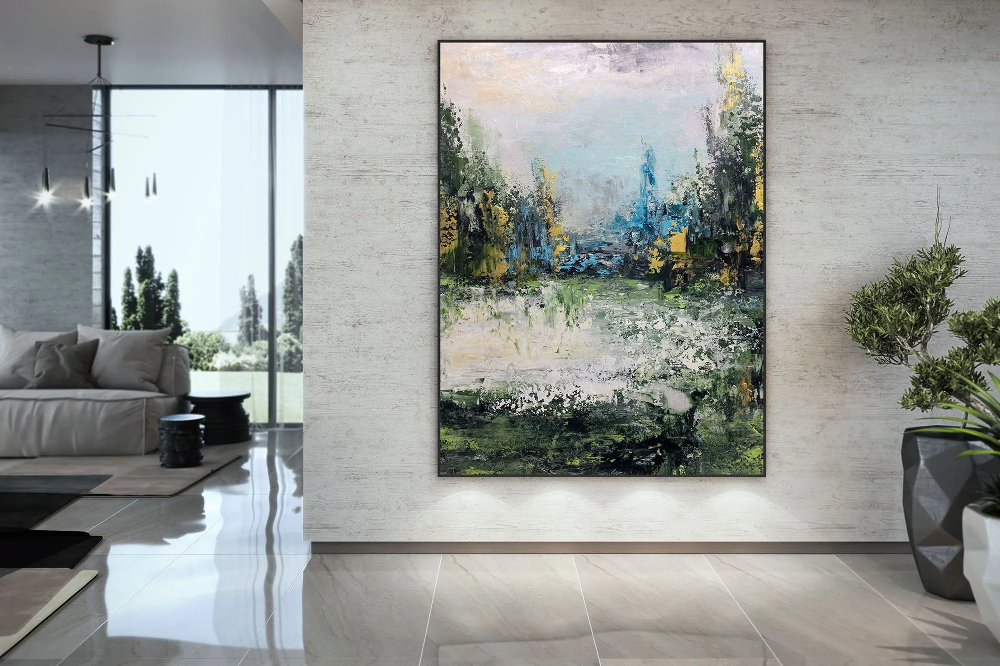 Green Blue Yellow Abstract Painting Landscape Canvas Art Fp052