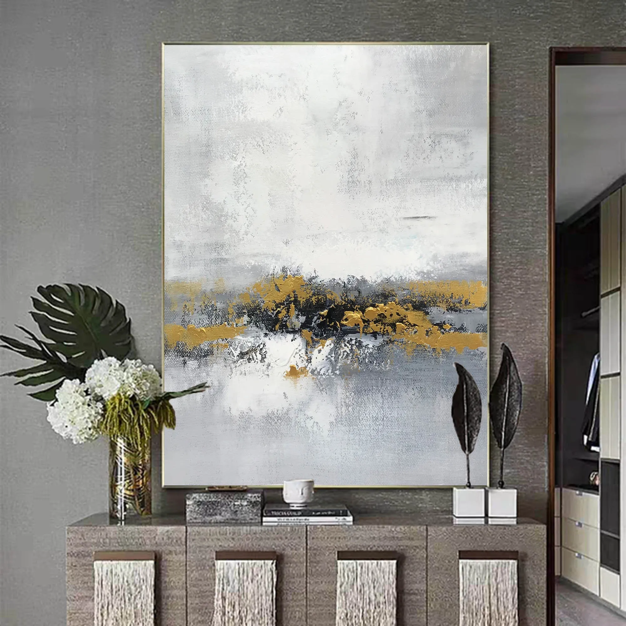 Grey Gold Abstract Painting Living Room Wall Art Office Painting Yp015