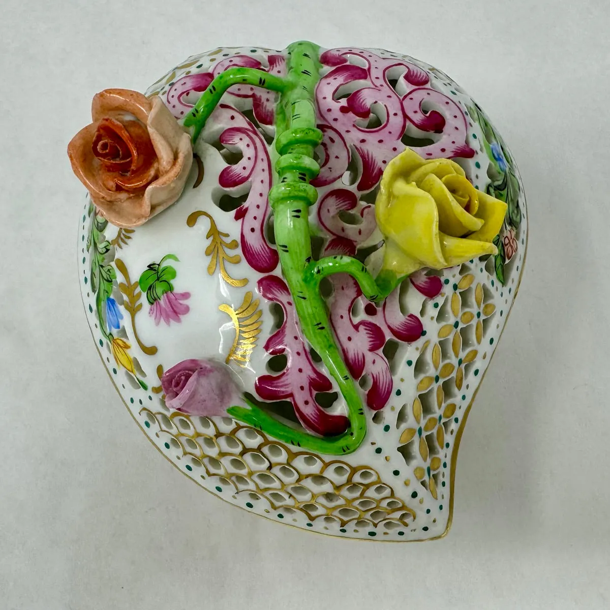 Hand Painted Reticulated Heart Shape Box with Lid