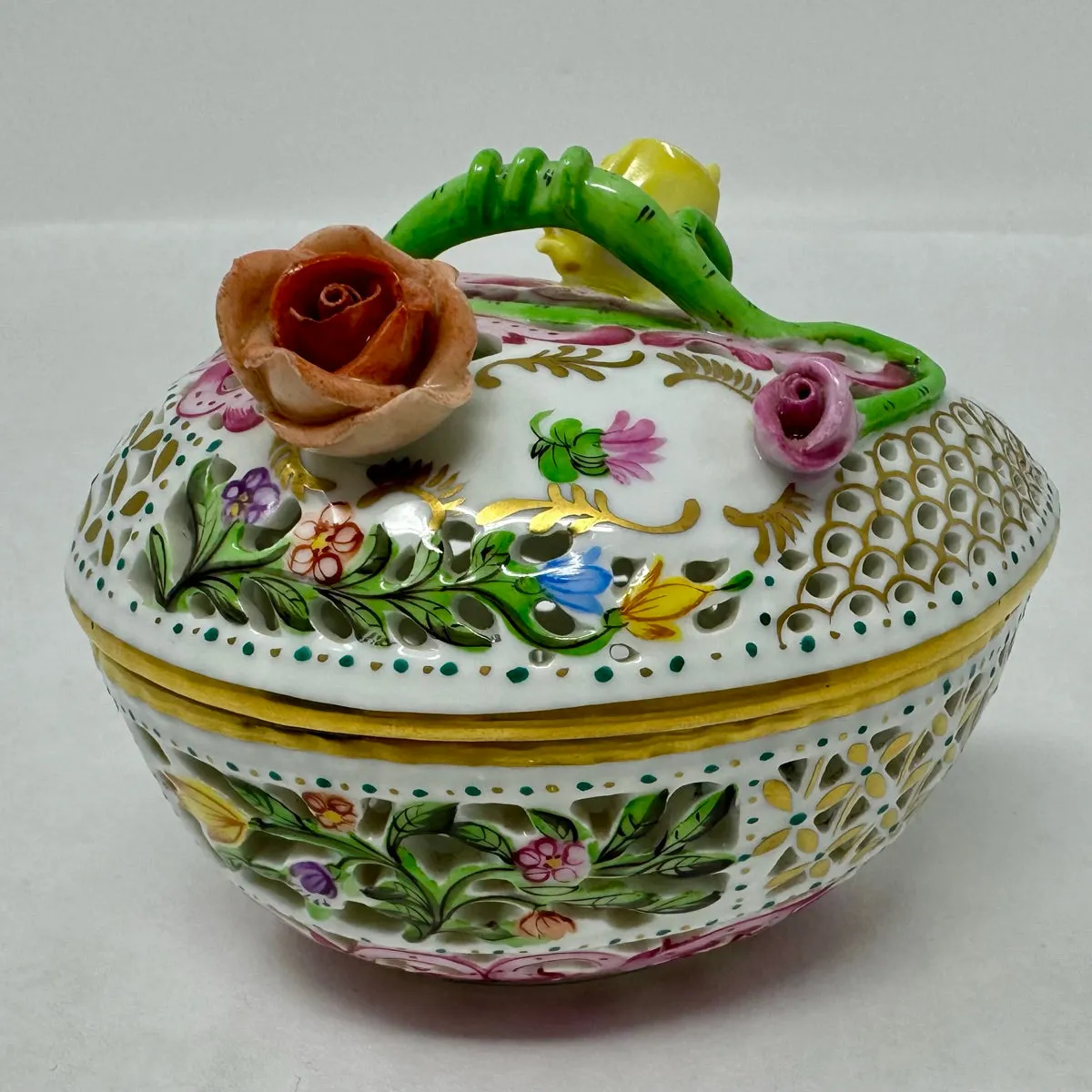 Hand Painted Reticulated Heart Shape Box with Lid