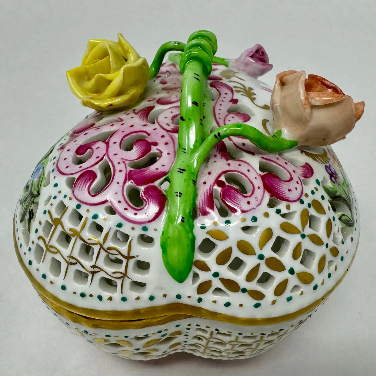 Hand Painted Reticulated Heart Shape Box with Lid