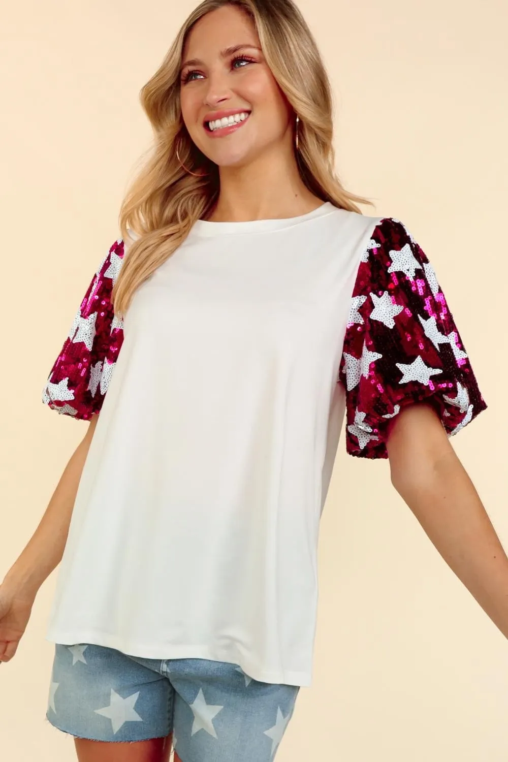 Haptics Star Sequin Bubble Short Sleeve Top