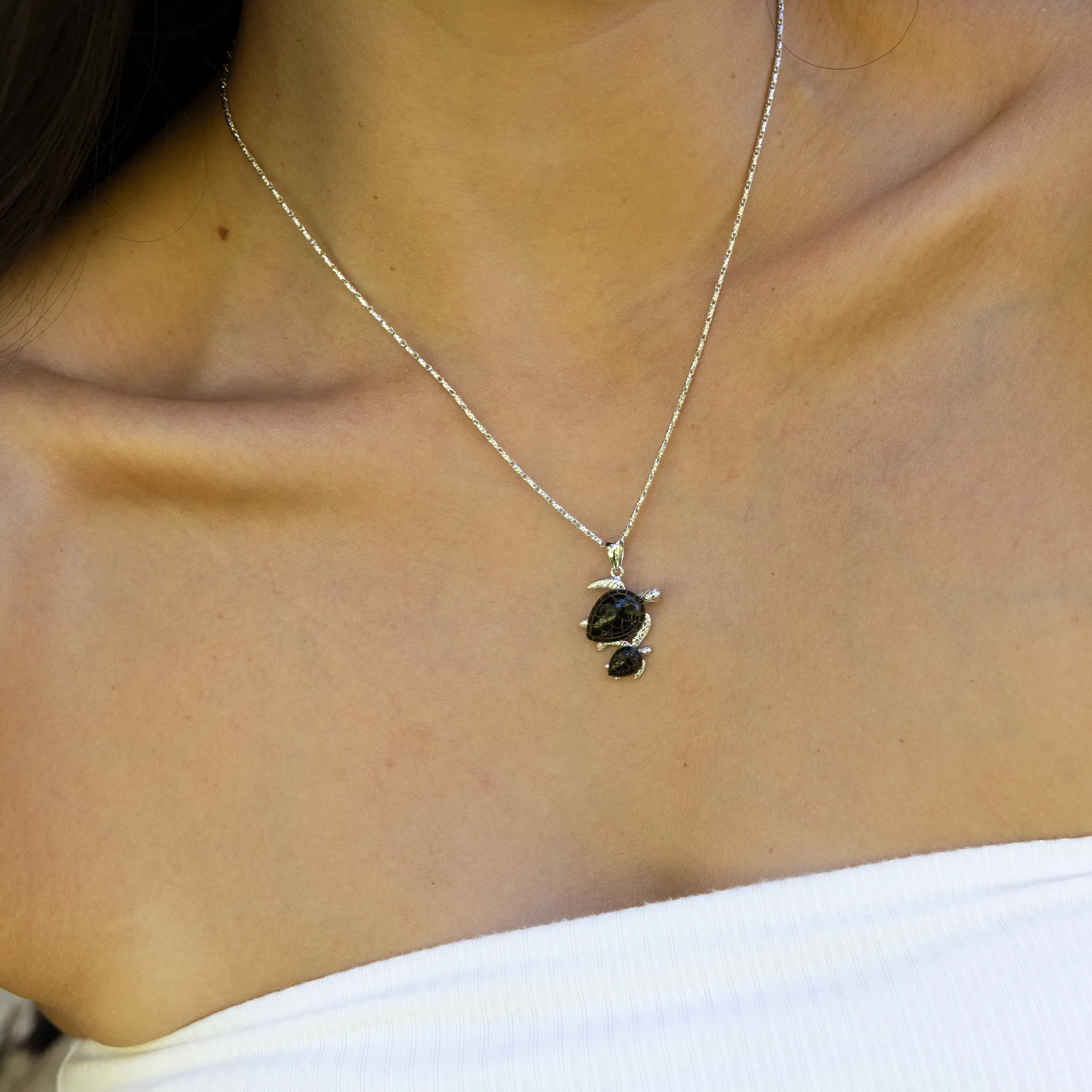 Honu Black Coral Pendant in White Gold - 24mm