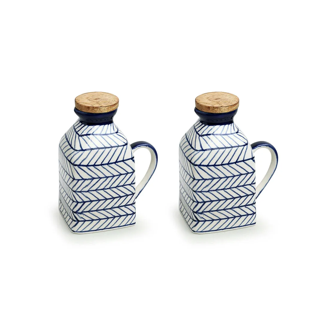 'Indigo Chevron' Handpainted Ceramic Milk & Water Jugs (Non-airtight, Set of 2, 480 ML, Microwave Safe)